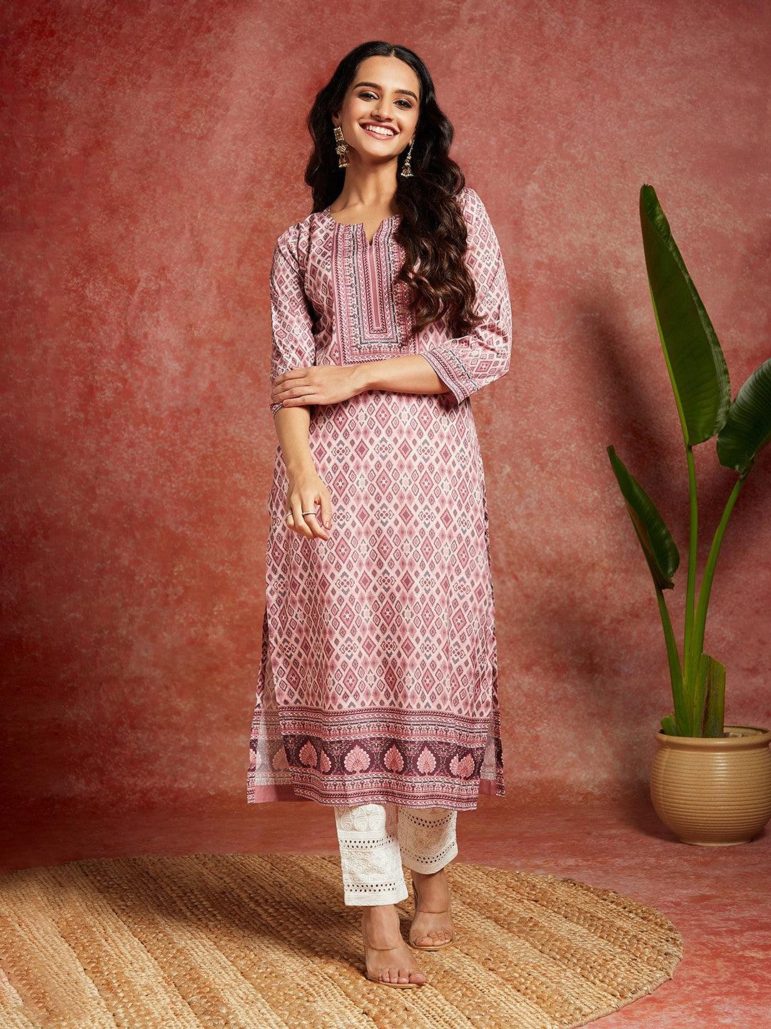 Pink Printed Crepe Straight Kurta - Jashvi