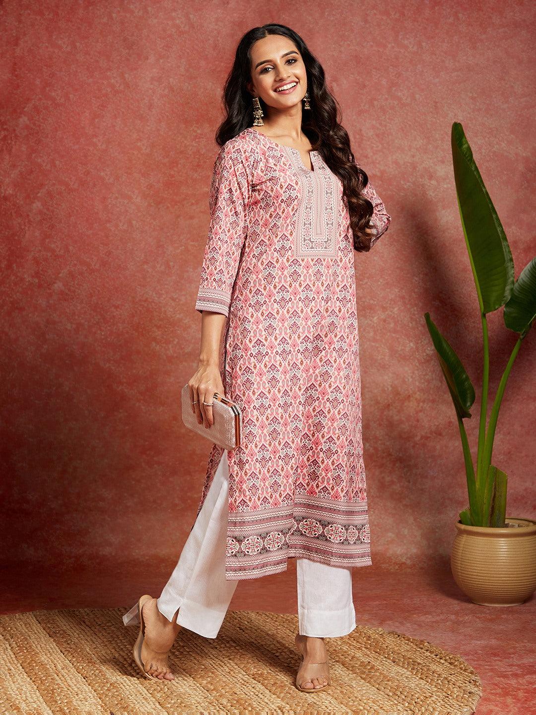 Pink Printed Crepe Straight Kurta - Jashvi