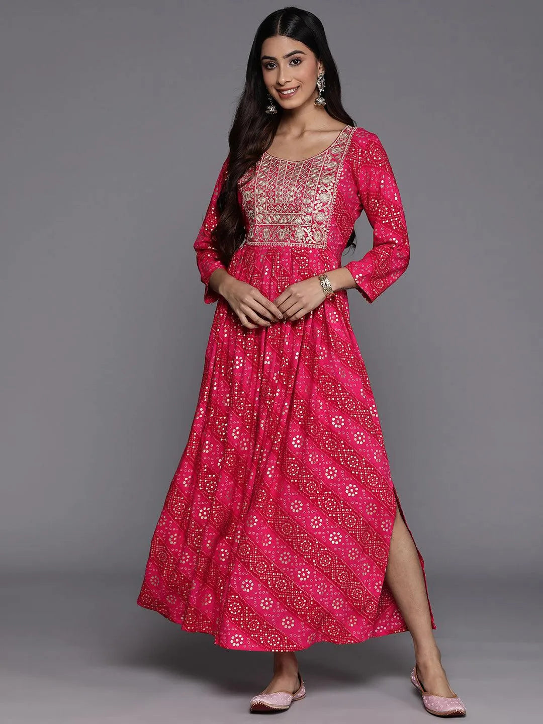 Pink Printed Fit and Flare Rayon Dress - Jashvi