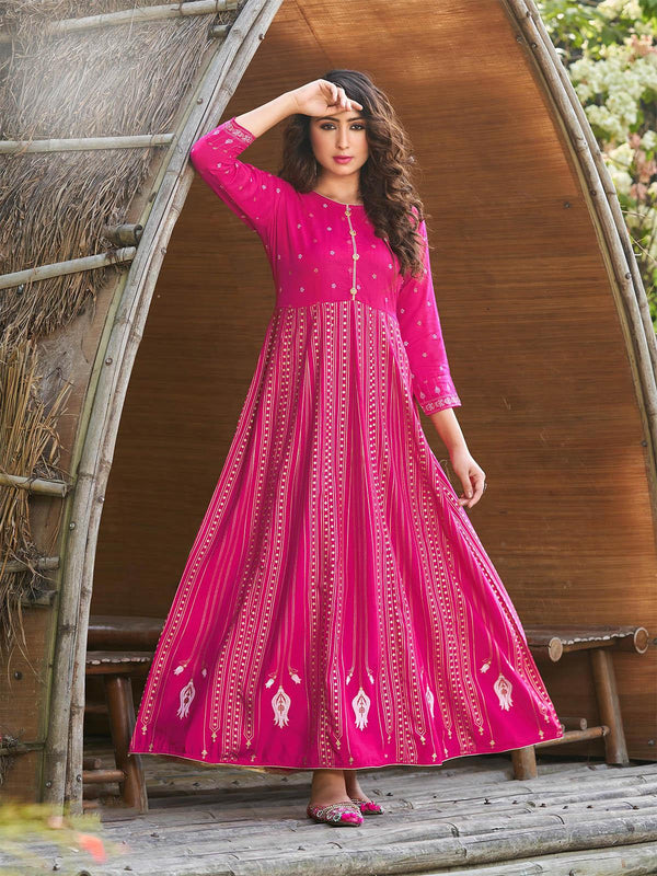 Women's Pink Printed Floor Length Kurti - Odette