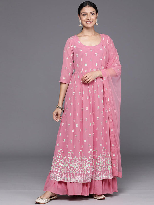 Pink Printed Georgette A-Line Kurta With Palazzos & Dupatta - Jashvi