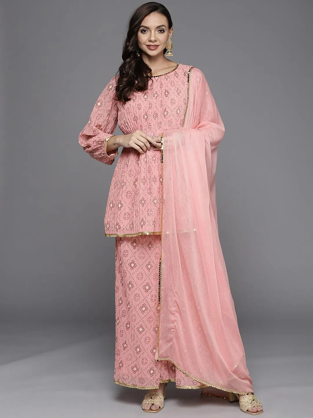 Pink Printed Georgette A-Line Suit Set - Jashvi