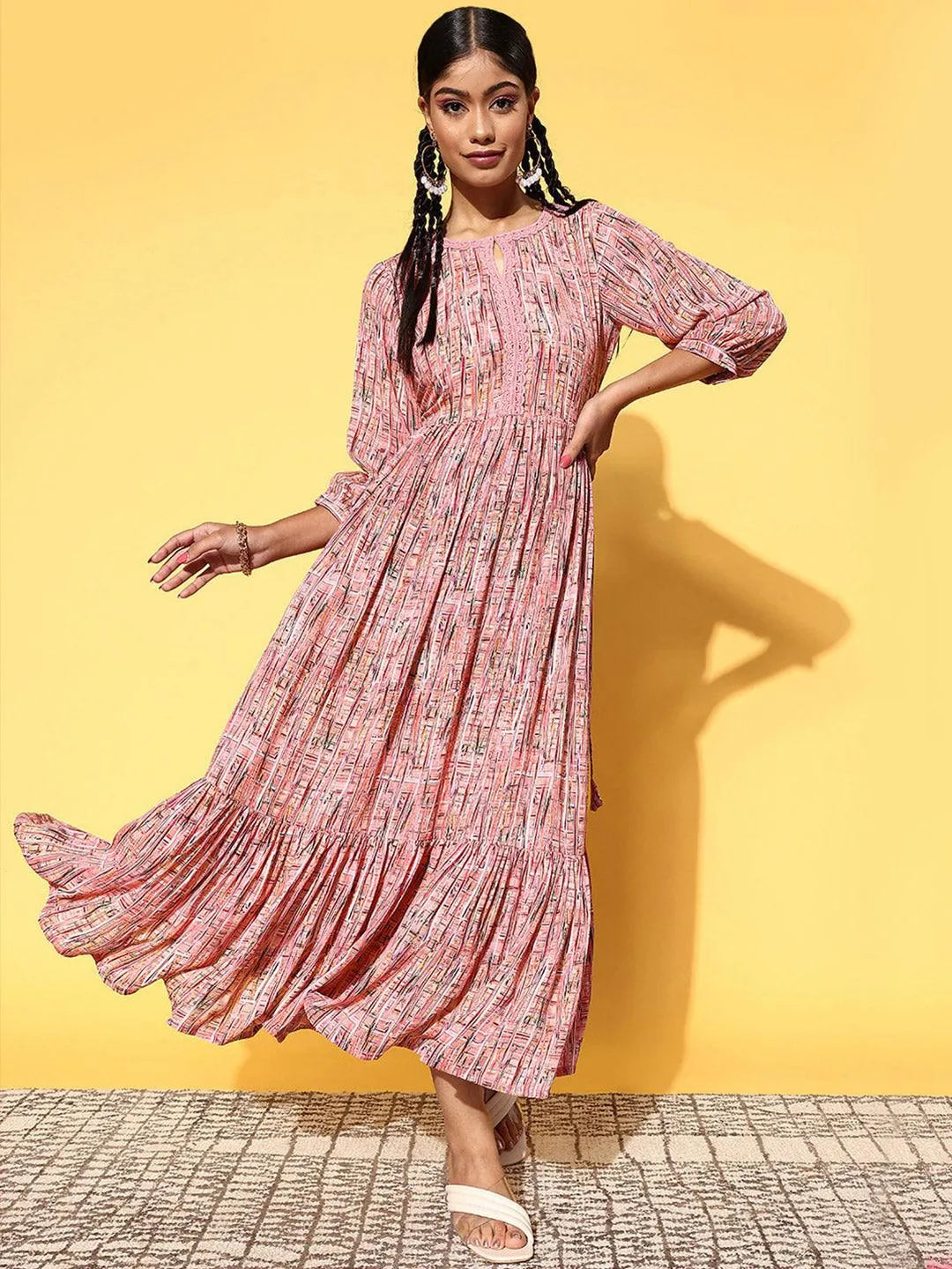 Pink Printed Georgette Dress - Jashvi