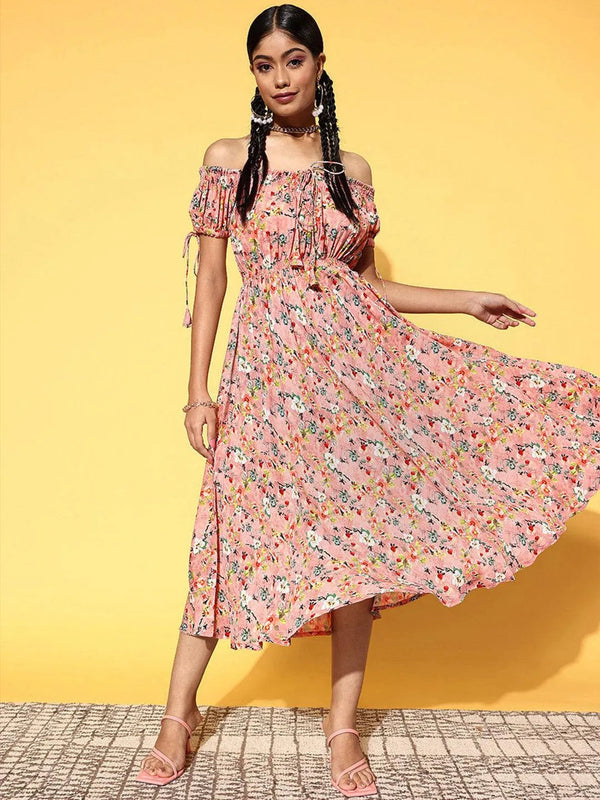 Pink Printed Georgette Fit and Flare Dress - Jashvi