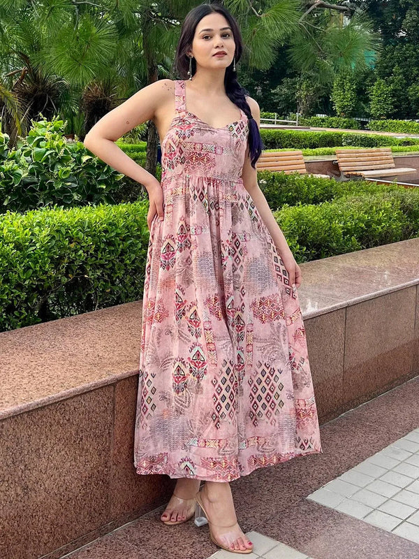 Pink Printed Georgette Fit and Flare Dress - Jashvi