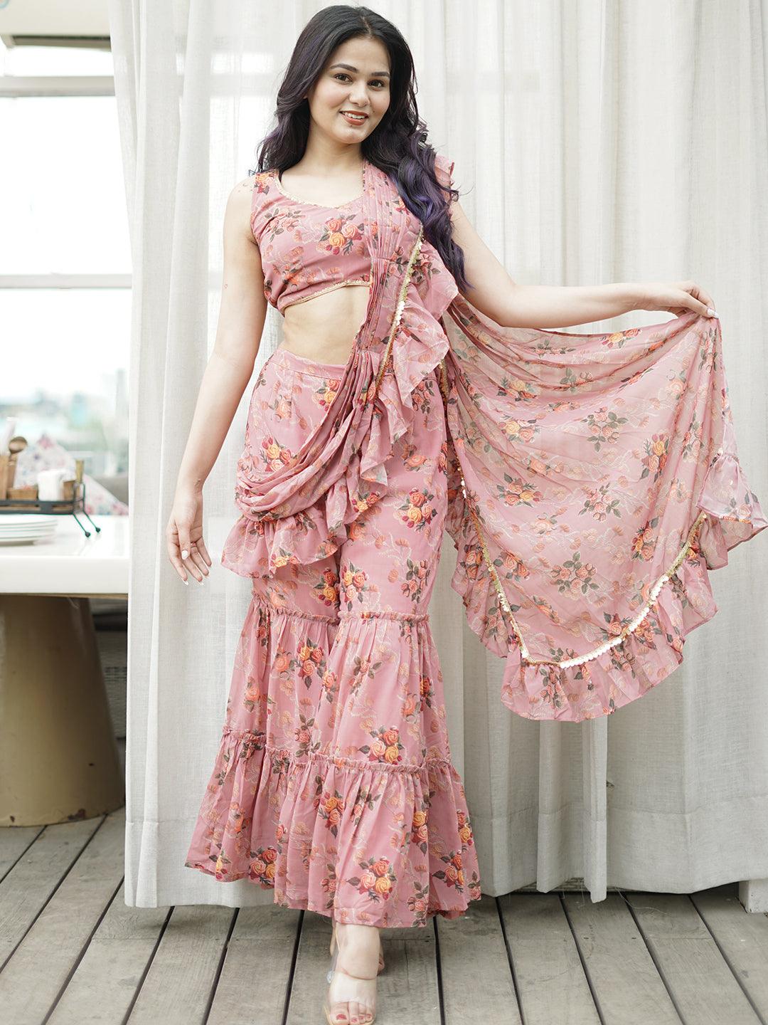 Pink Printed Georgette Palazzo Saree - Jashvi