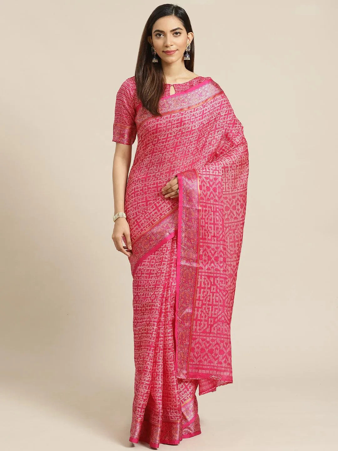 Pink Printed Linen Saree - Jashvi