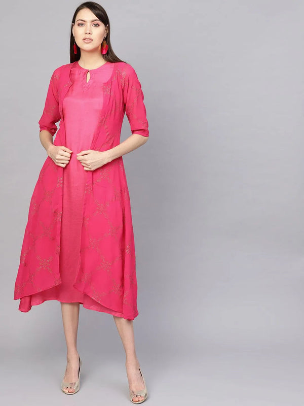 Pink Printed Polyester Dress With Jacket - Jashvi