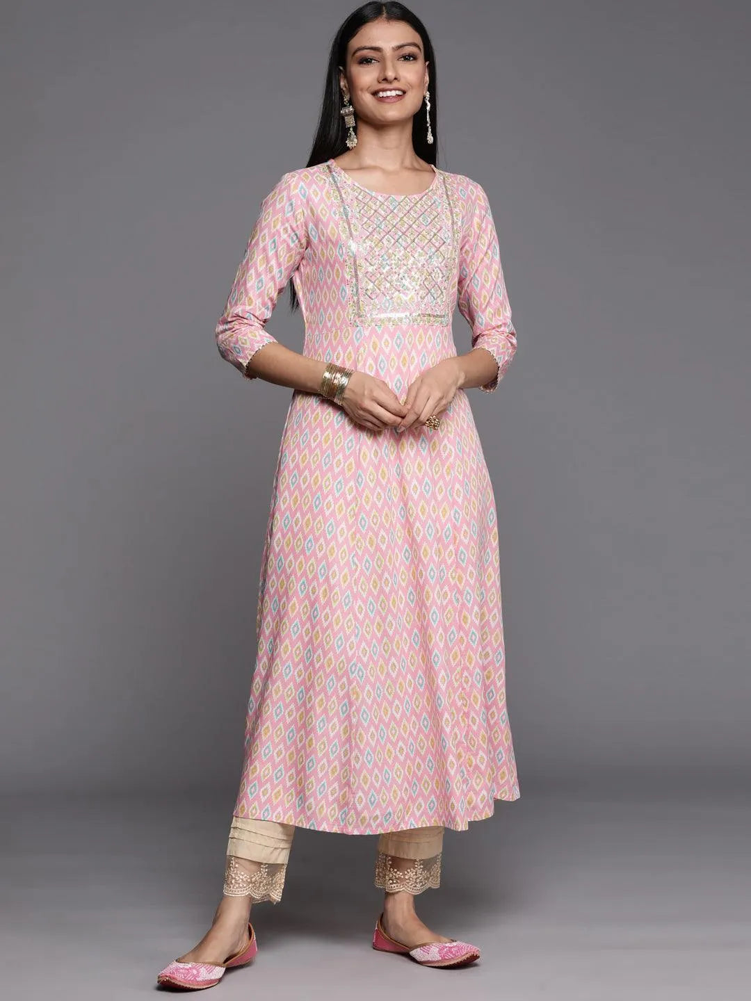 Pink Printed Rayon A-Line Kurta - Jashvi