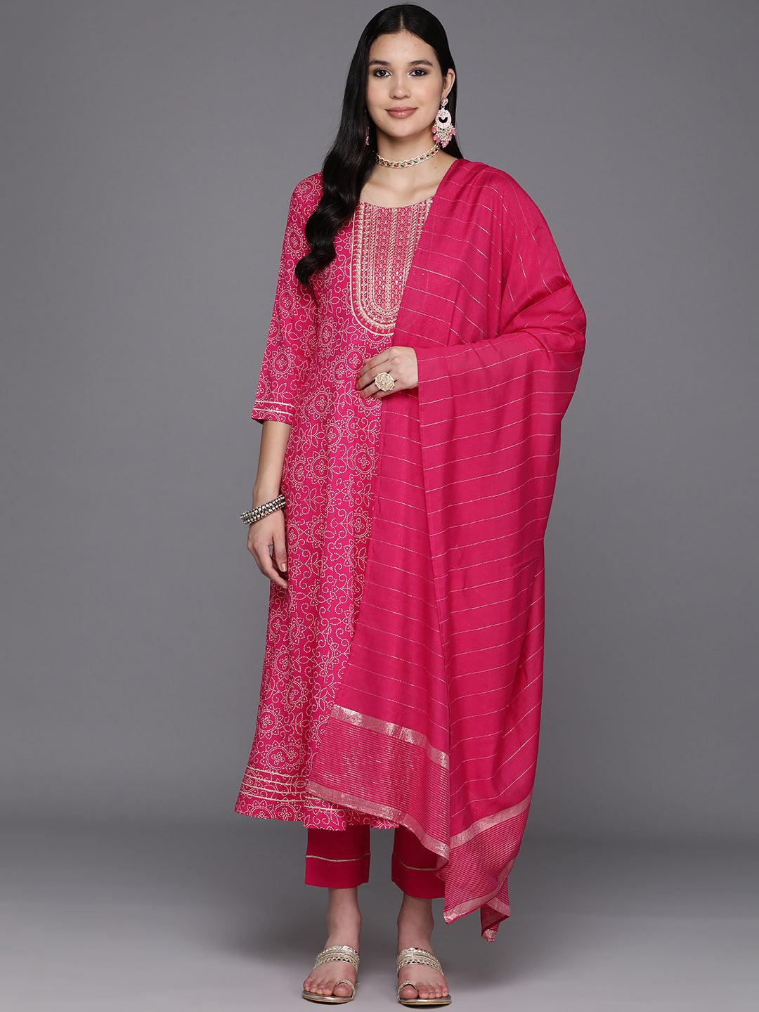 Pink Printed Rayon A-Line Kurta With Trousers & Dupatta - Jashvi