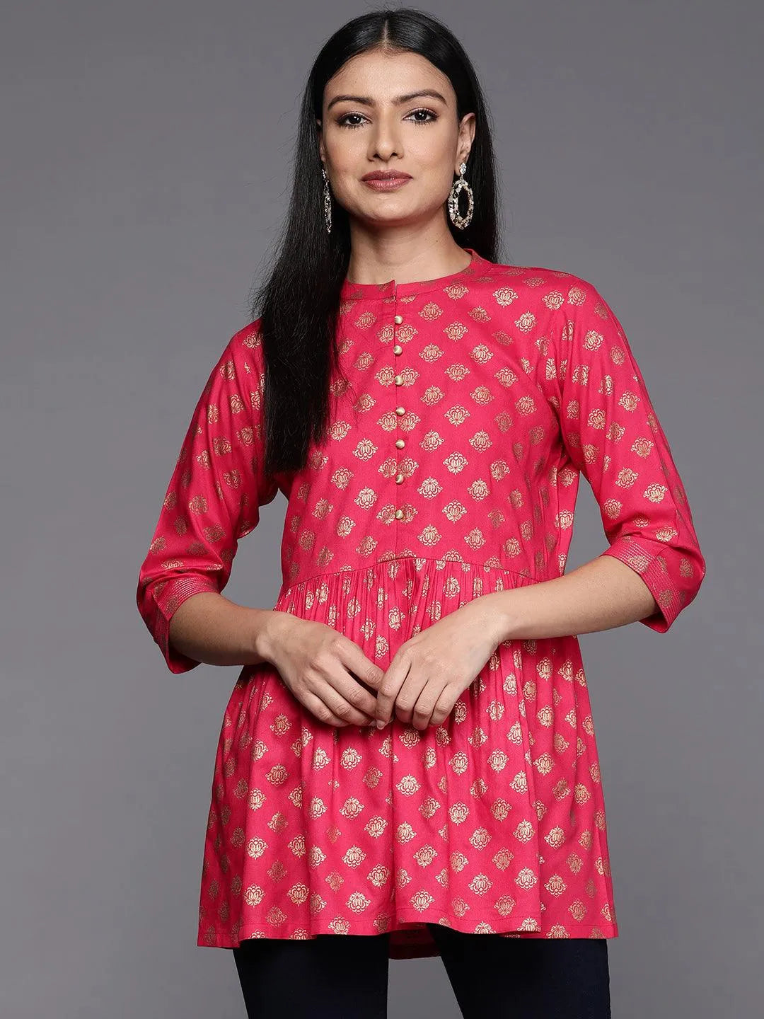 Pink Printed Rayon A-Line Kurti - Jashvi