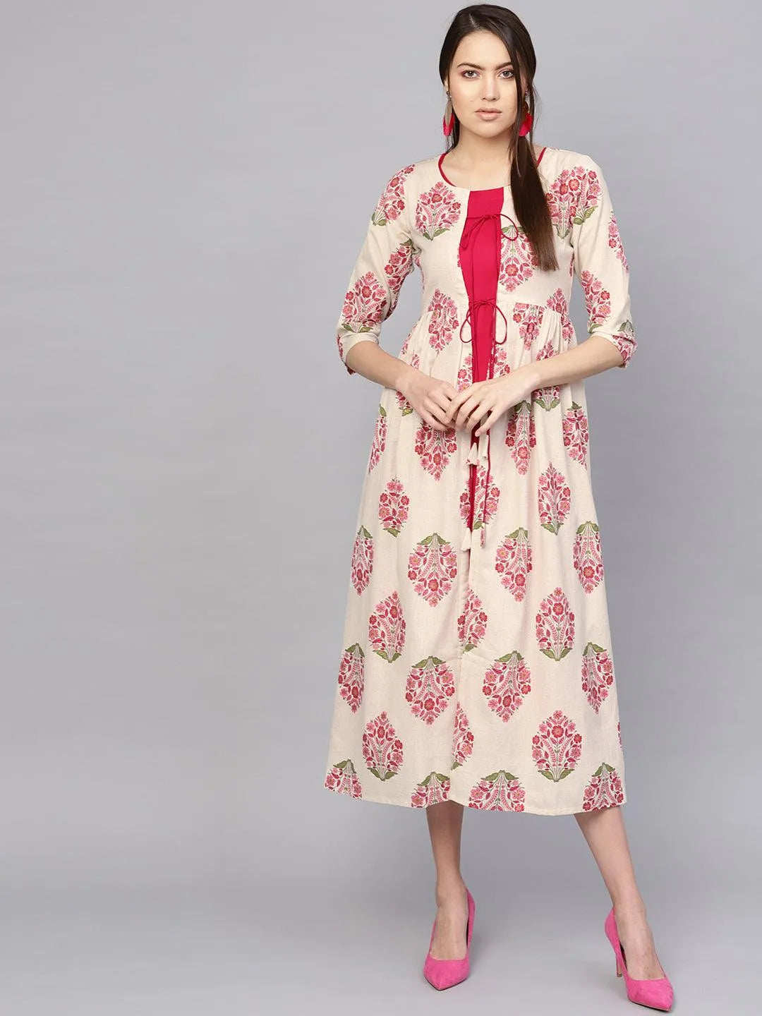 Pink Printed Rayon Dress With Jacket - Jashvi