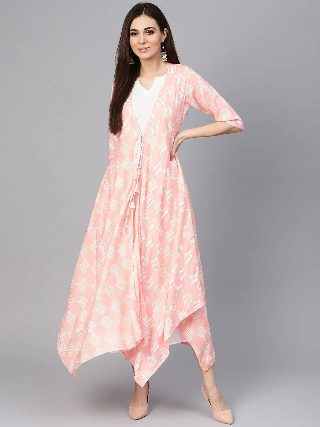 Pink Printed Rayon Dress With Jacket - Jashvi