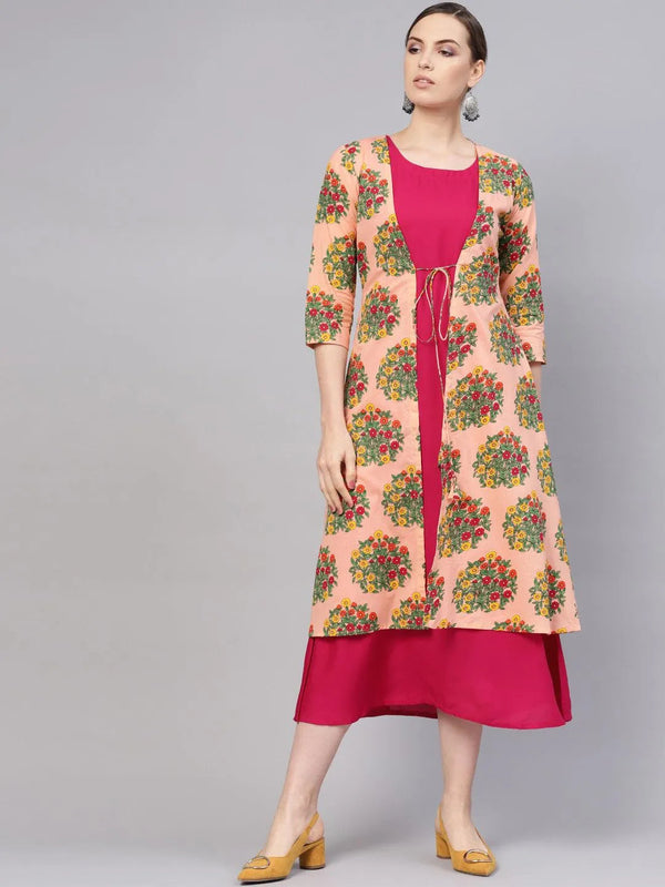 Pink Printed Rayon Dress With Shrug - Jashvi