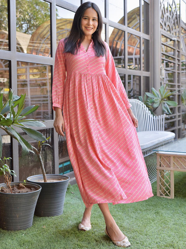 Pink Printed Rayon Fit and Flare Dress - Jashvi