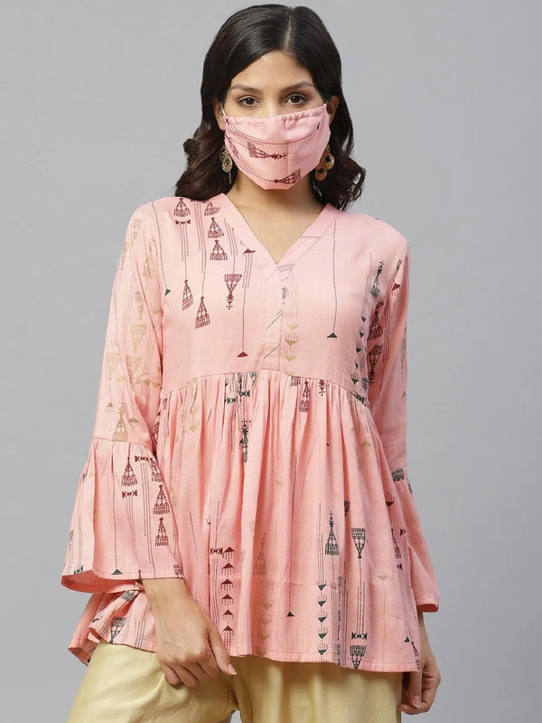 Pink Printed Rayon Kurti With Mask - Jashvi