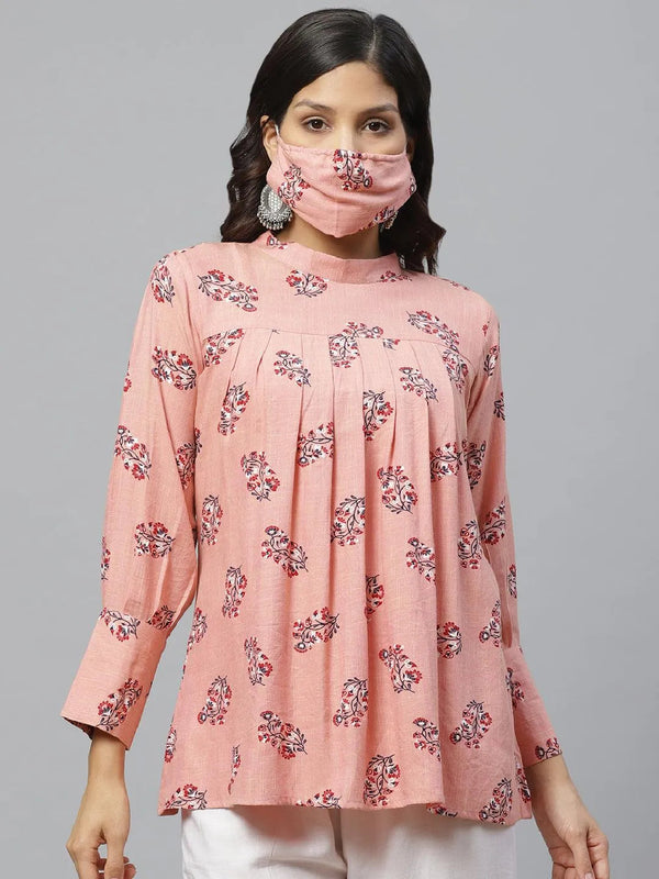 Pink Printed Rayon Kurti With Mask - Jashvi