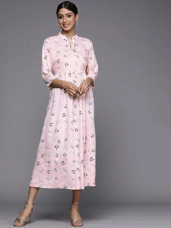 Pink Printed Rayon Maxi Dress - Jashvi