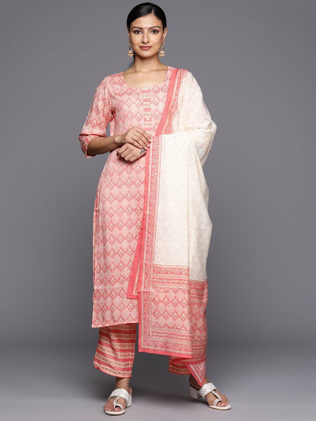 Pink Printed Rayon Straight Kurta With Trousers & Dupatta - Jashvi