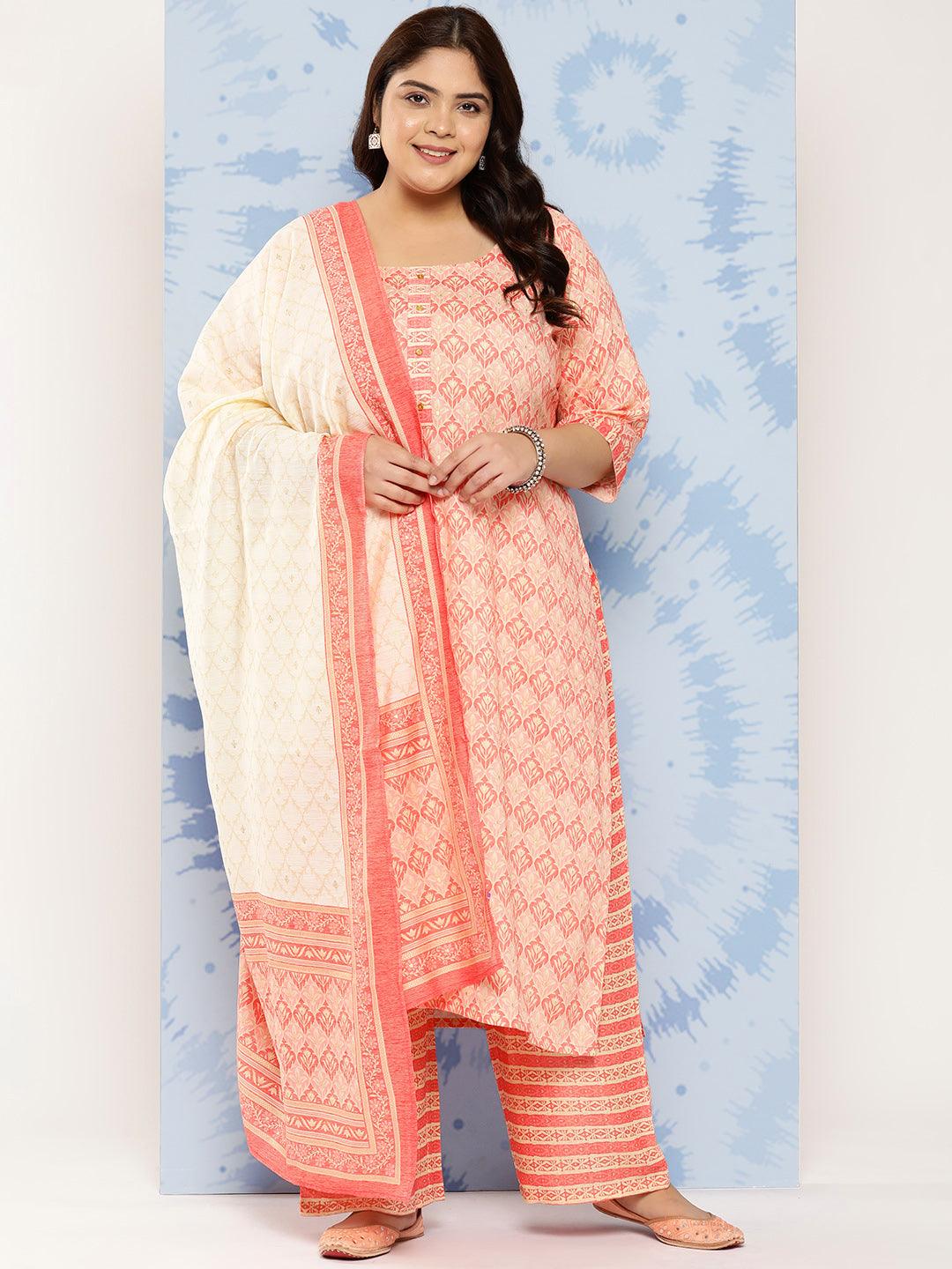 Pink Printed Rayon Straight Kurta With Trousers and Dupatta - Jashvi