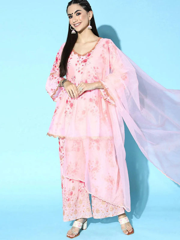 Pink Printed Satin Anarkali Suit Set - Jashvi