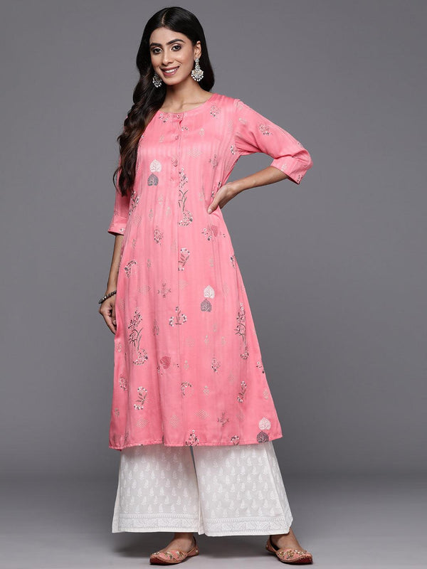 Pink Printed Silk A-Line Kurta - Jashvi