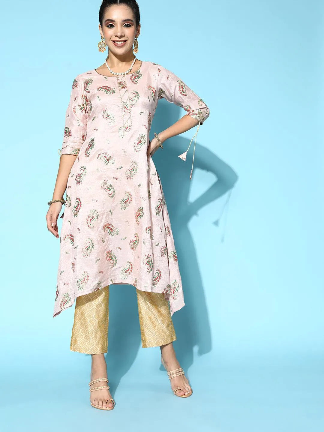 Pink Printed Silk A-Line Kurta - Jashvi