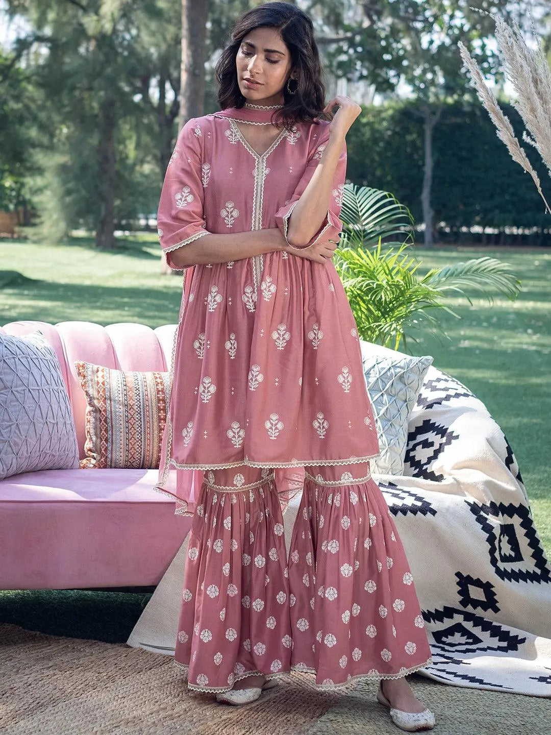 Pink Printed Silk Suit Set - Jashvi