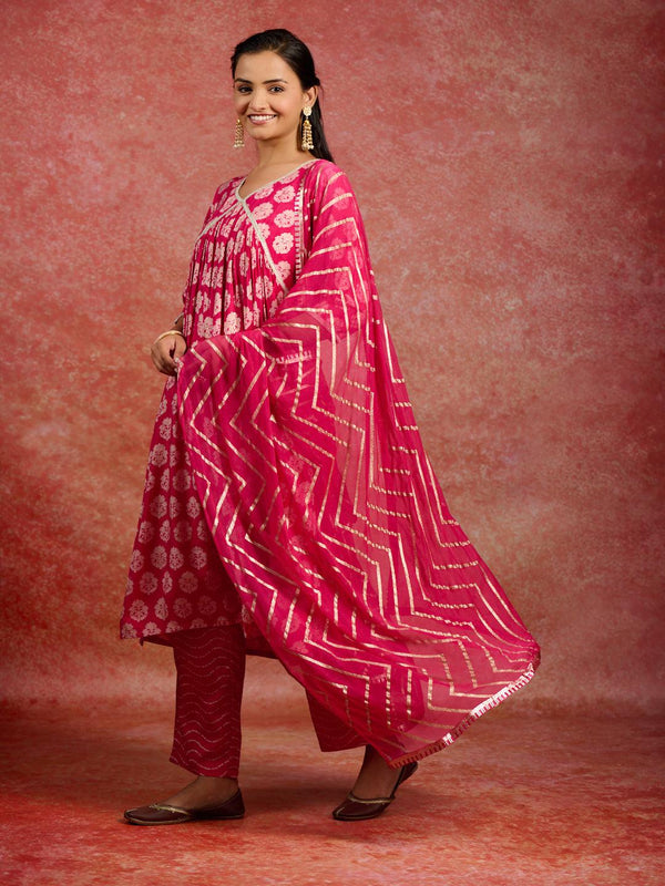 Pink Printed Silk Blend A-Line Kurta With Trousers & Dupatta - Jashvi