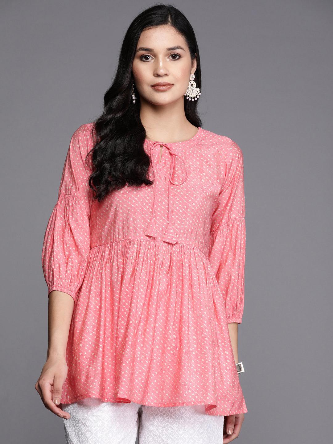 Pink Printed Silk Blend A-Line Kurti - Jashvi