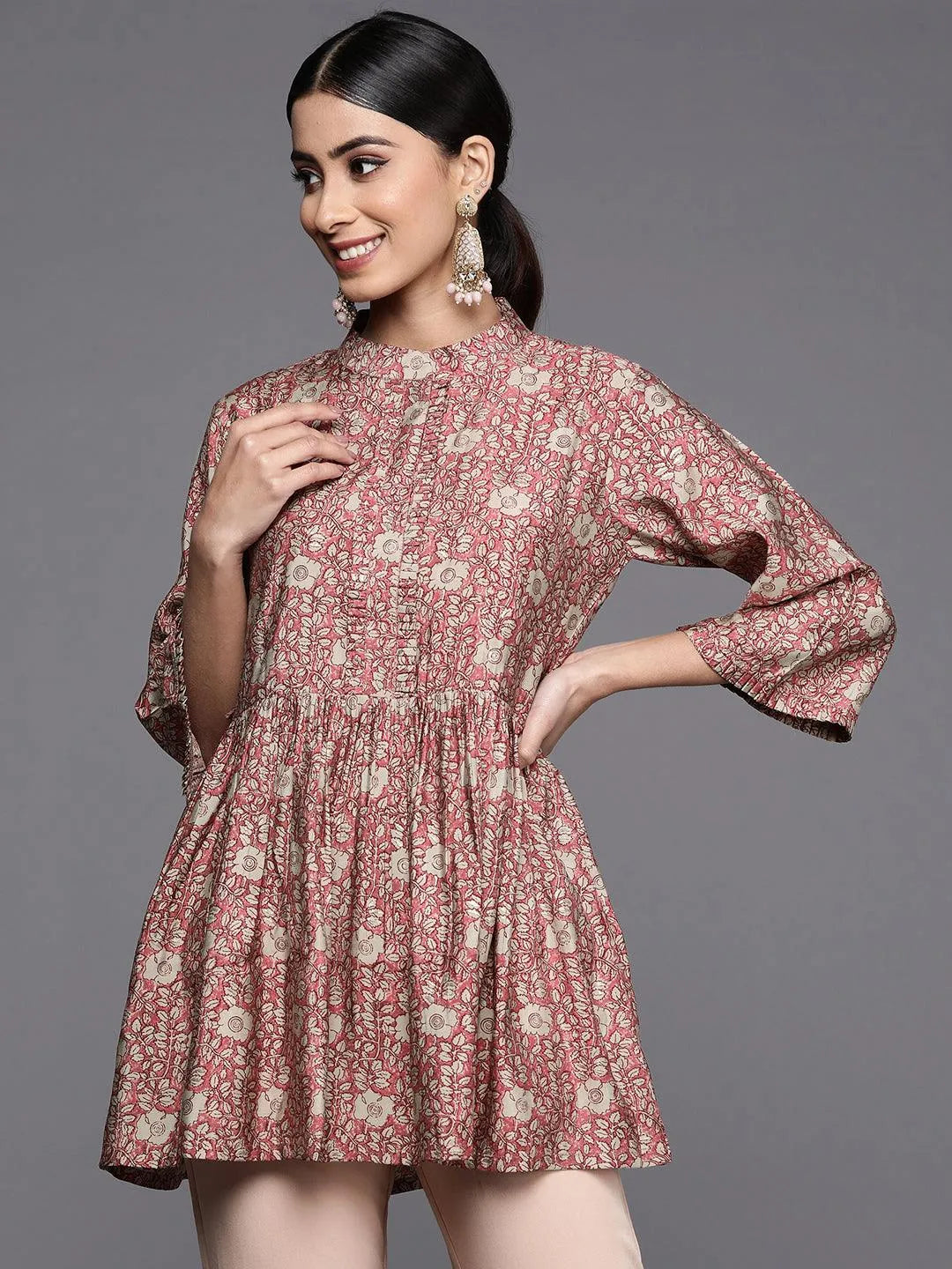 Pink Printed Silk Blend A-Line Kurti - Jashvi