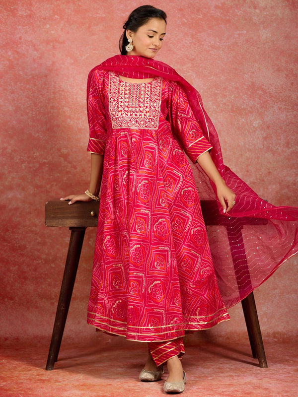 Pink Printed Silk Blend Anarkali Kurta With Trousers & Dupatta - Jashvi