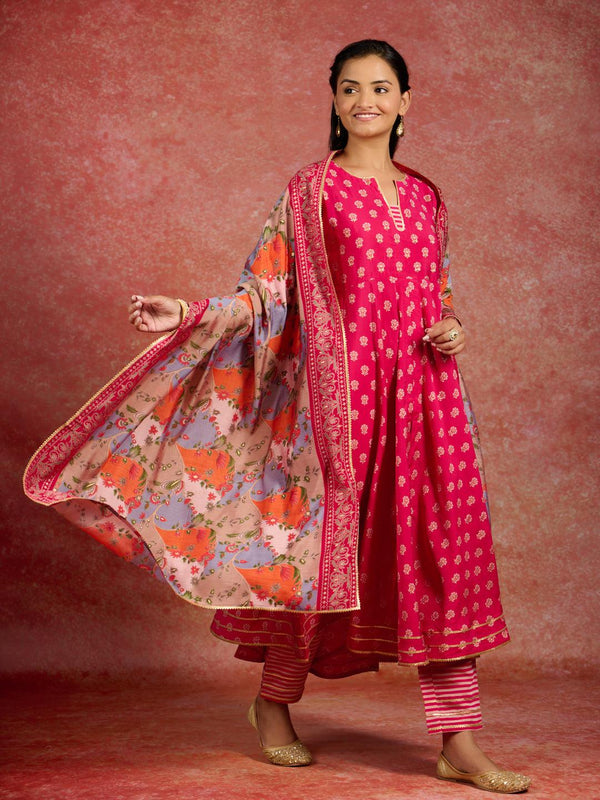 Pink Printed Silk Blend Anarkali Kurta With Trousers & Dupatta - Jashvi