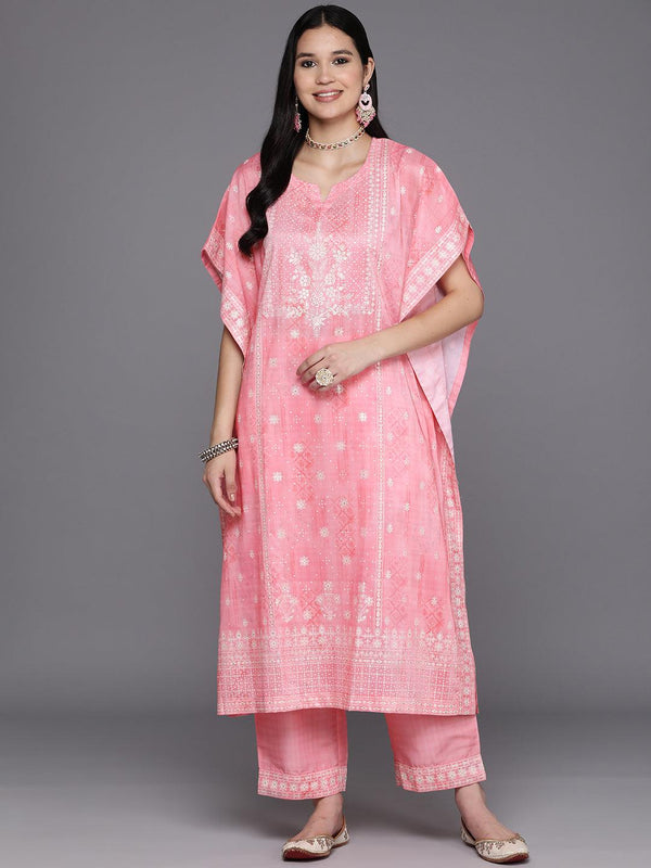 Pink Printed Silk Blend Kaftan Kurta Set With Trousers - Jashvi