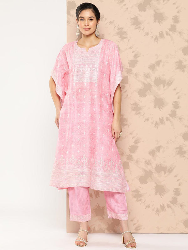 Pink Printed Silk Blend Kaftan Kurta With Trousers - Jashvi