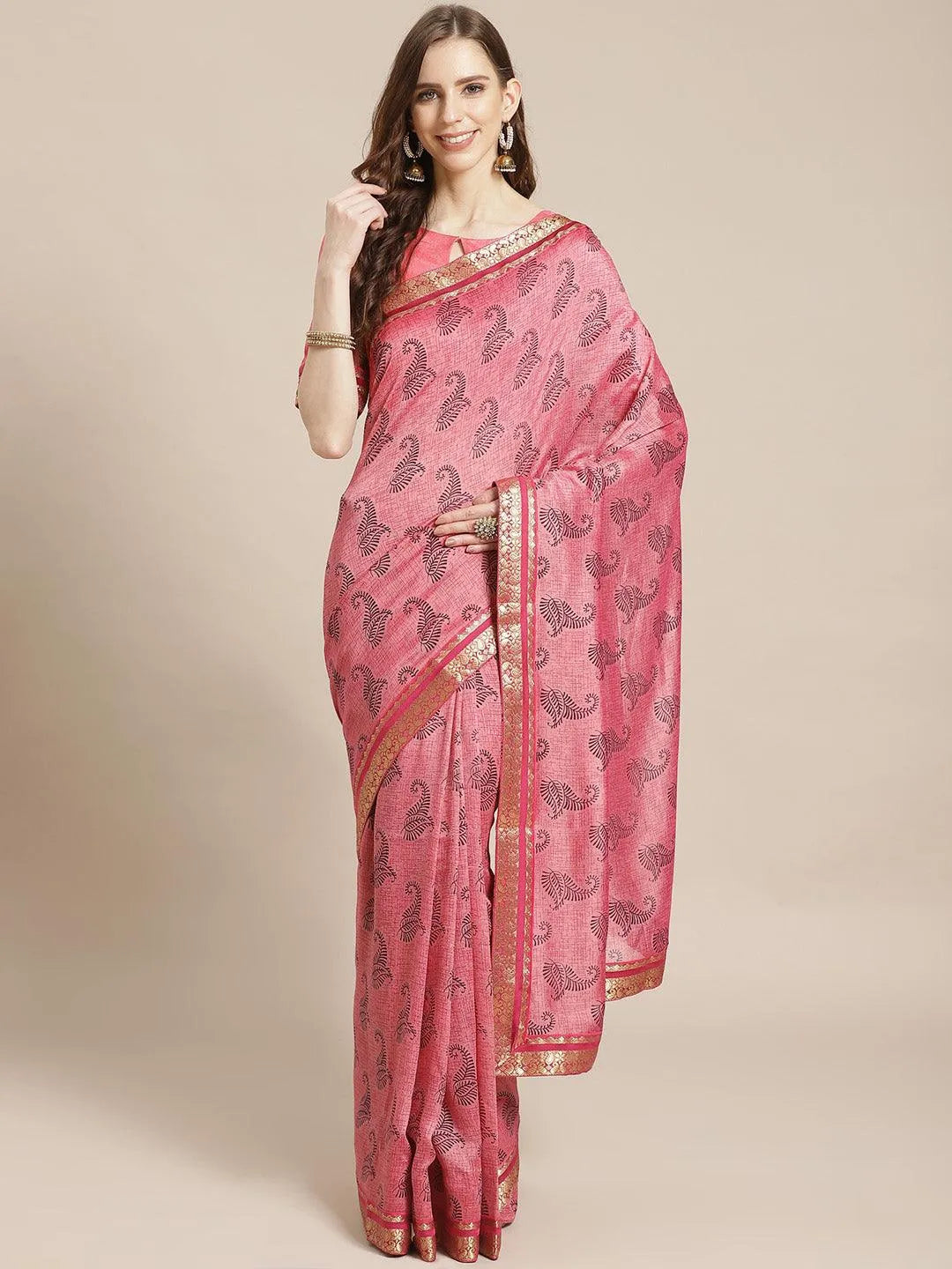 Pink Printed Silk Blend Saree - Jashvi