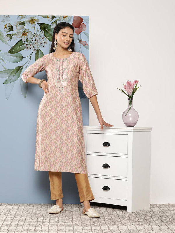 Pink Embroidered Silk Blend Straight Kurta - Jashvi