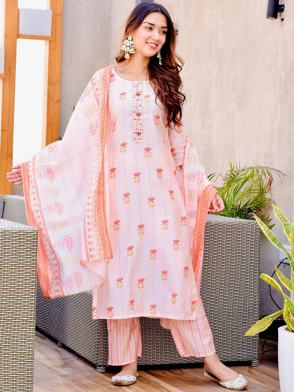 Pink Printed Silk Blend Straight Suit Set - Jashvi