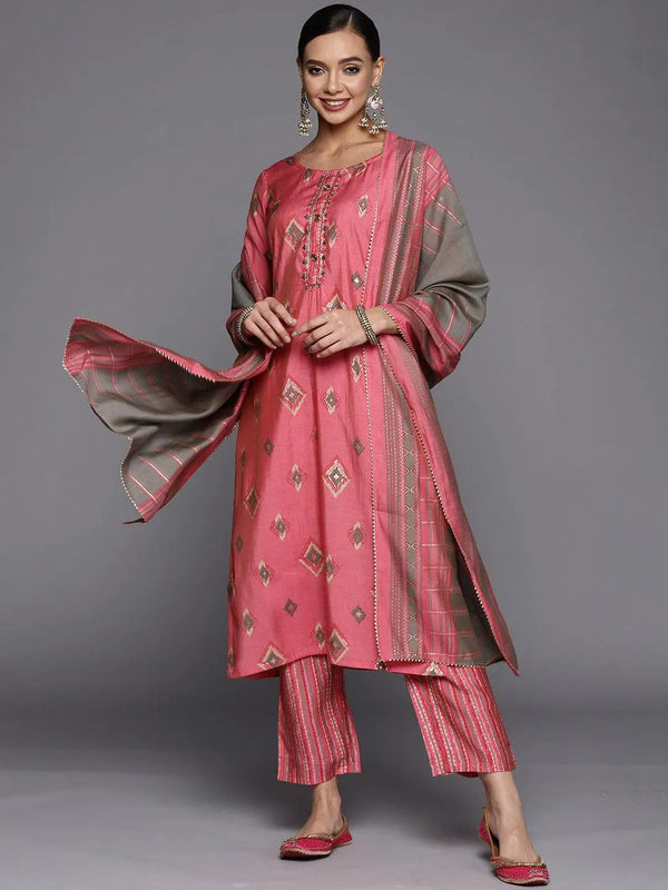 Pink Printed Silk Blend Straight Suit Set - Jashvi