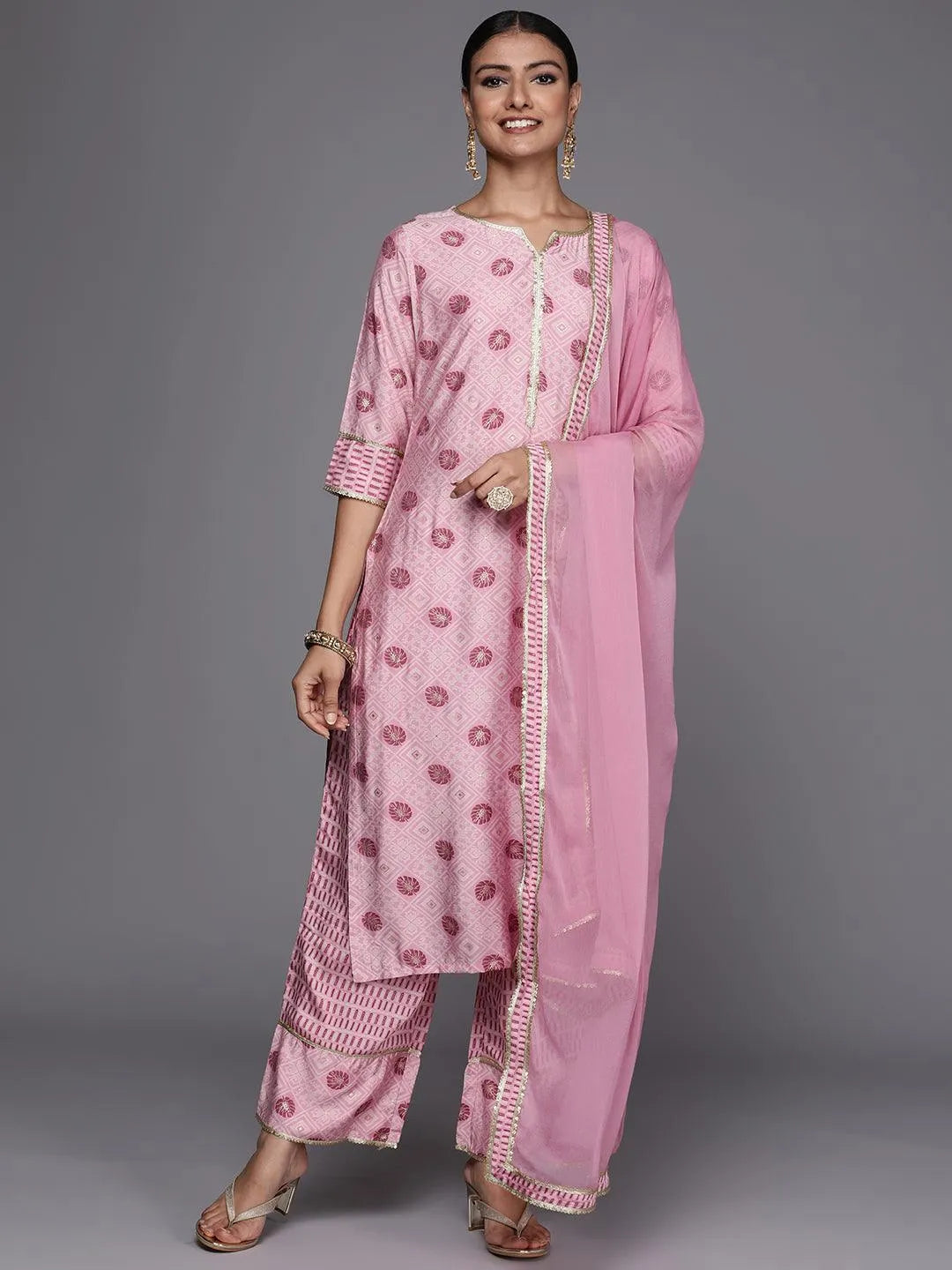 Pink Printed Silk Blend Straight Suit Set - Jashvi