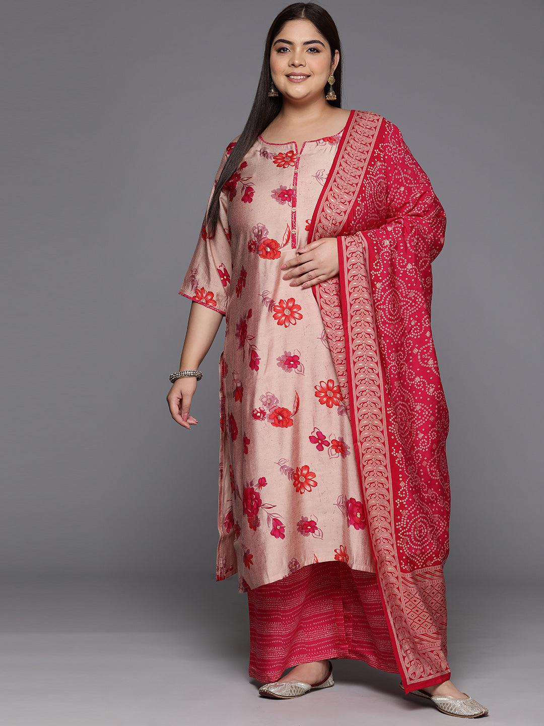 Pink Printed Silk Blend Straight Kurta With Palazzos & Dupatta - Jashvi