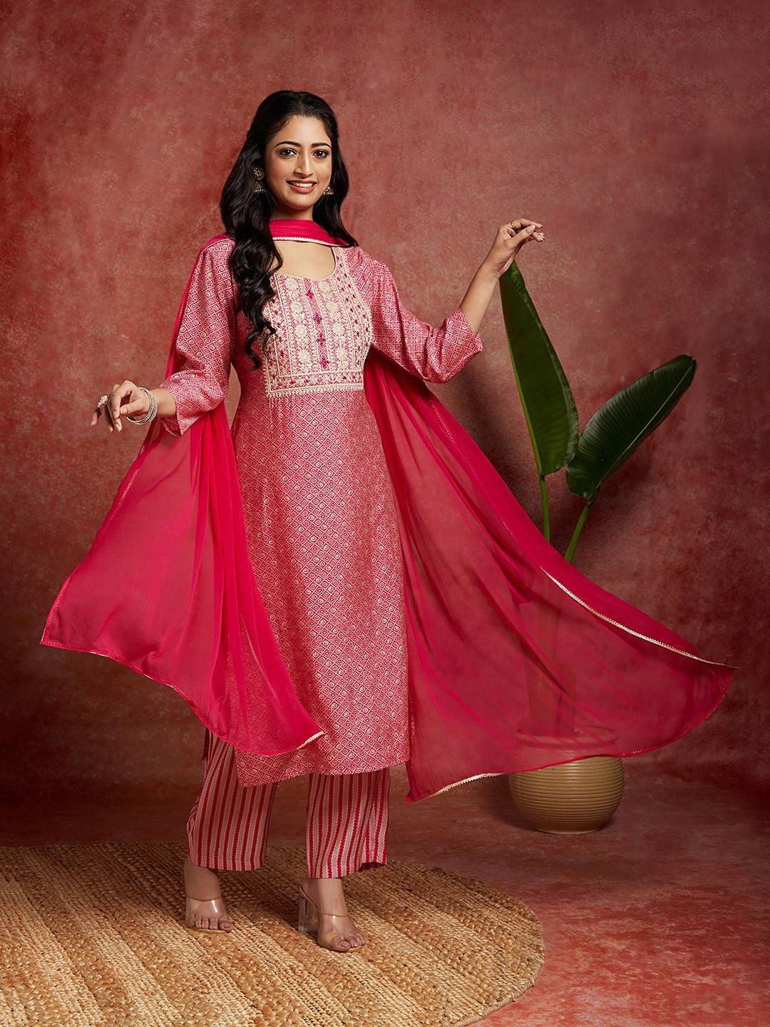 Pink Printed Silk Blend Straight Kurta With Palazzos & Dupatta - Jashvi