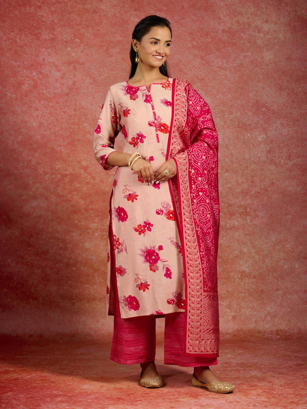 Pink Printed Silk Blend Straight Kurta With Palazzos & Dupatta - Jashvi