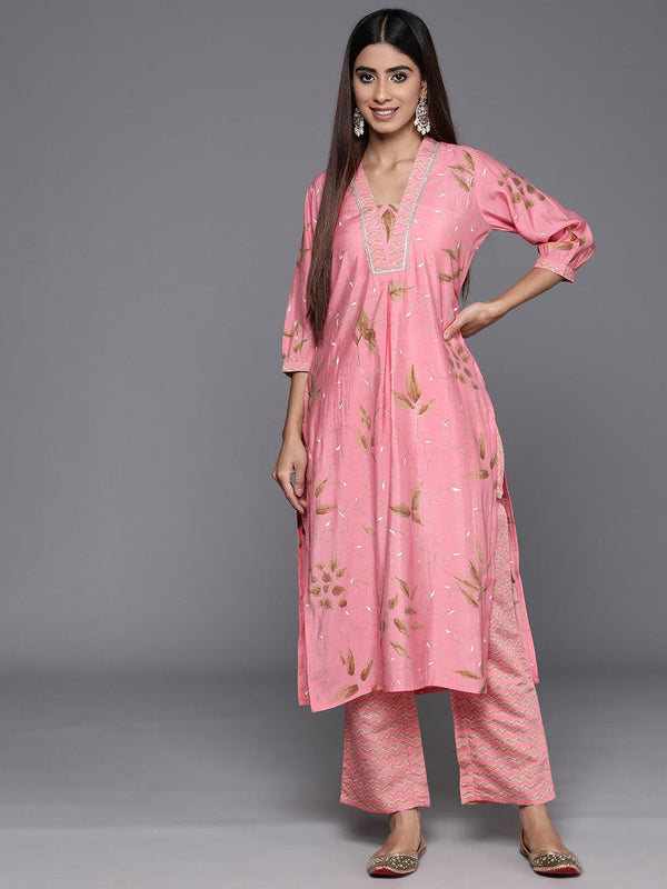 Pink Printed Silk Blend Straight Kurta With Palazzos - Jashvi