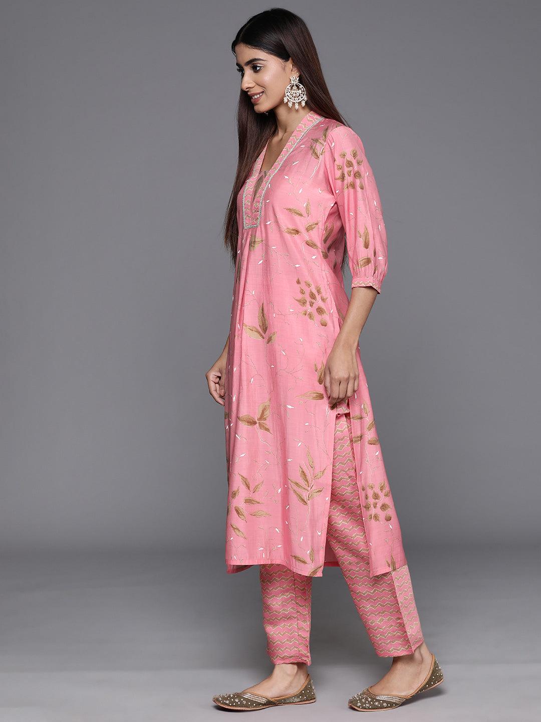 Pink Printed Silk Blend Straight Kurta With Palazzos - Jashvi