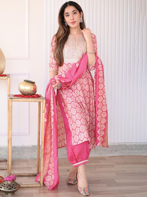 Pink Printed Silk Blend Straight Kurta With Salwar & Dupatta - Jashvi