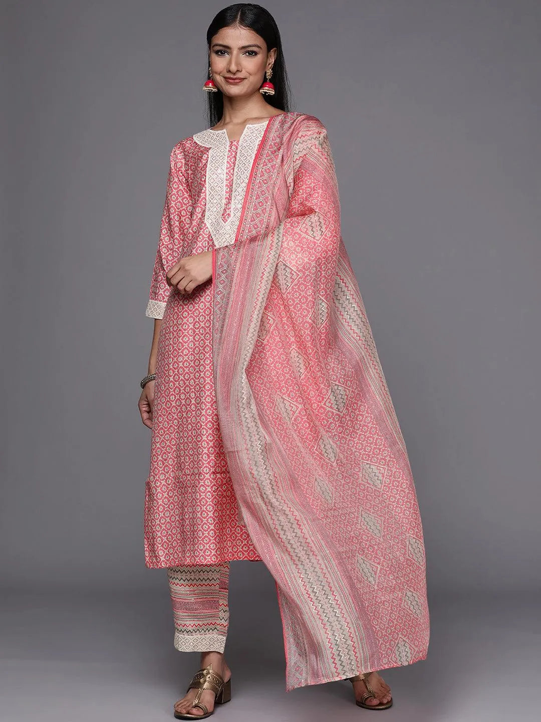 Pink Printed Silk Blend Straight Suit Set - Jashvi