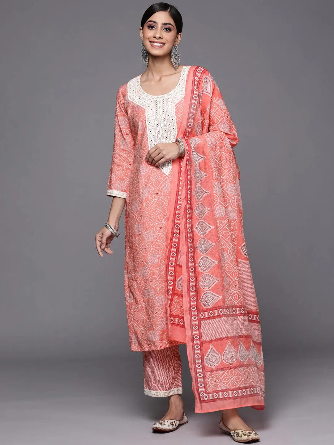 Pink Printed Silk Blend Straight Suit Set - Jashvi