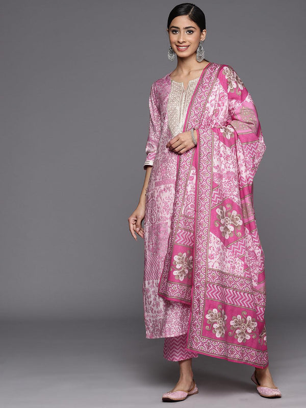 Pink Printed Silk Blend Straight Suit Set With Trousers - Jashvi