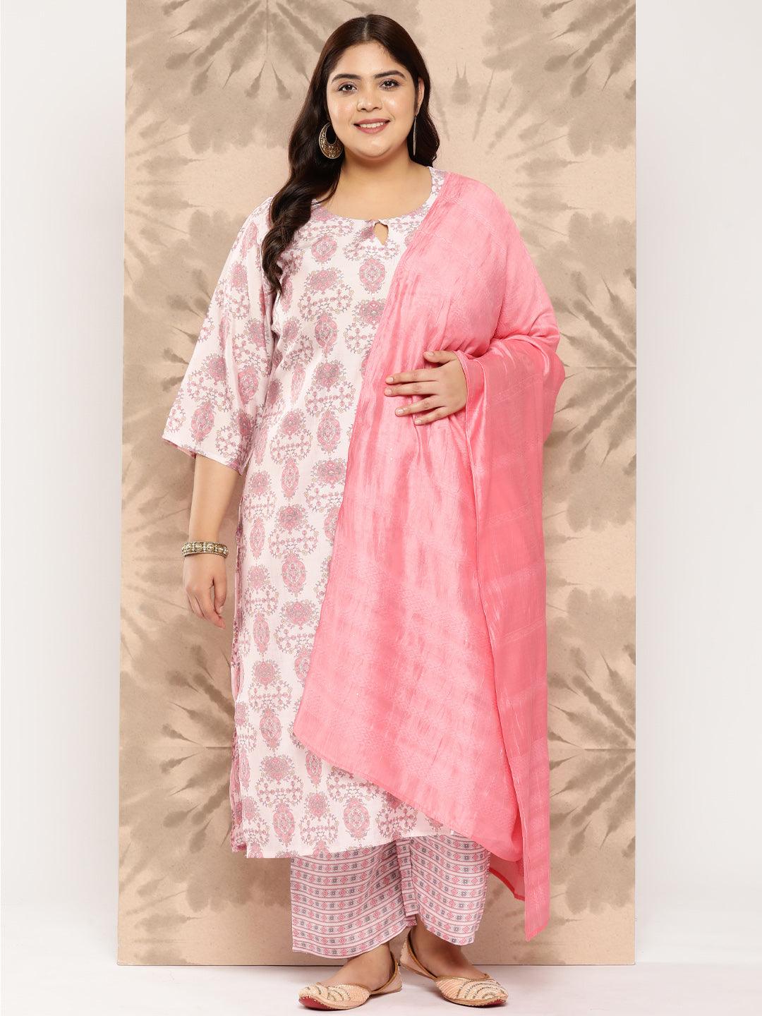 Pink Printed Silk Blend Straight Kurta With Trousers and Dupatta - Jashvi